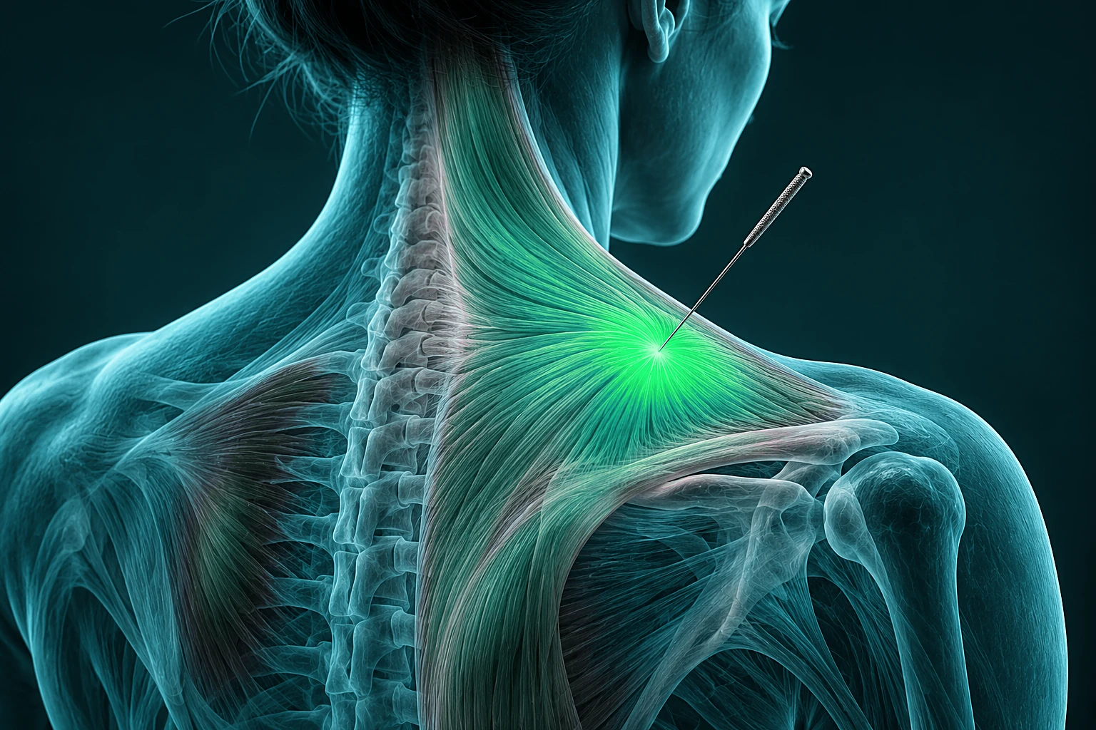 Illustratie van dry needling in een triggerpoint van de nek- en schouderspier
